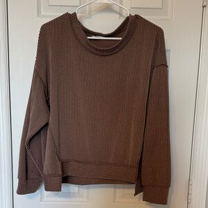Ribbed Crewneck Brown Knit Sweatshirt